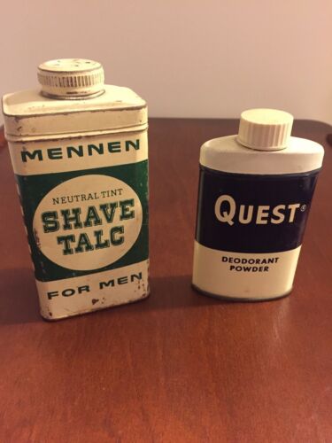 RARE VINTAGE MENNEN SHAVE TALC TIN (FRENCH CANADIAN VERSION) and A TIN OF QUEST