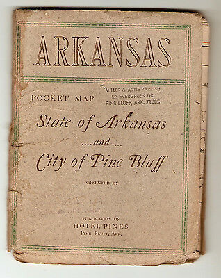PINES HOTEL, PINE BLUFF, ARKANSAS ANTIQUE CITY AND STATE FOLDING MAP, MARCH 1923