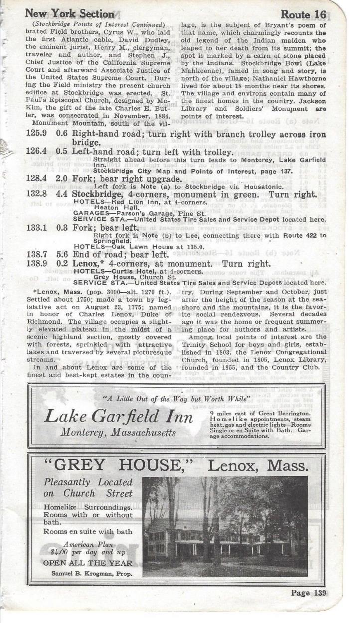 1918 BB2 Ads Lake Garfield Inn Monterey Massachusetts Elmwood Pittsfield Mass