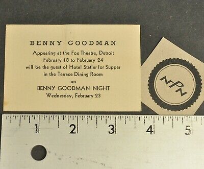 Antique Vtg Benny Goodman Night Fox Theatre Detroit Card Ticket Hotel Statler