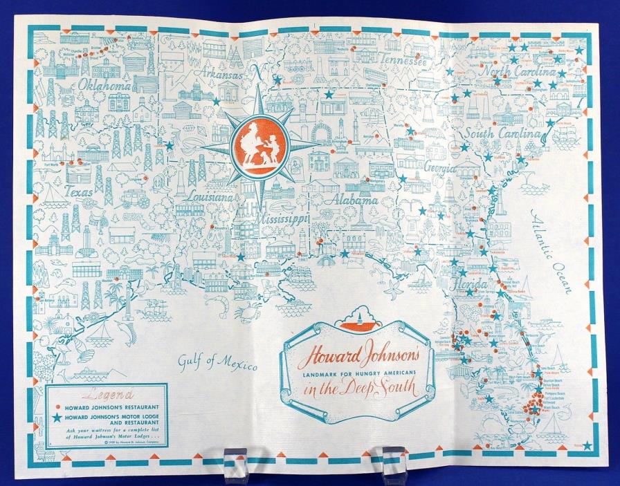 Howard Johnson's Deep South Placemat, 1959 Motor Lodge, Restaurant Locations
