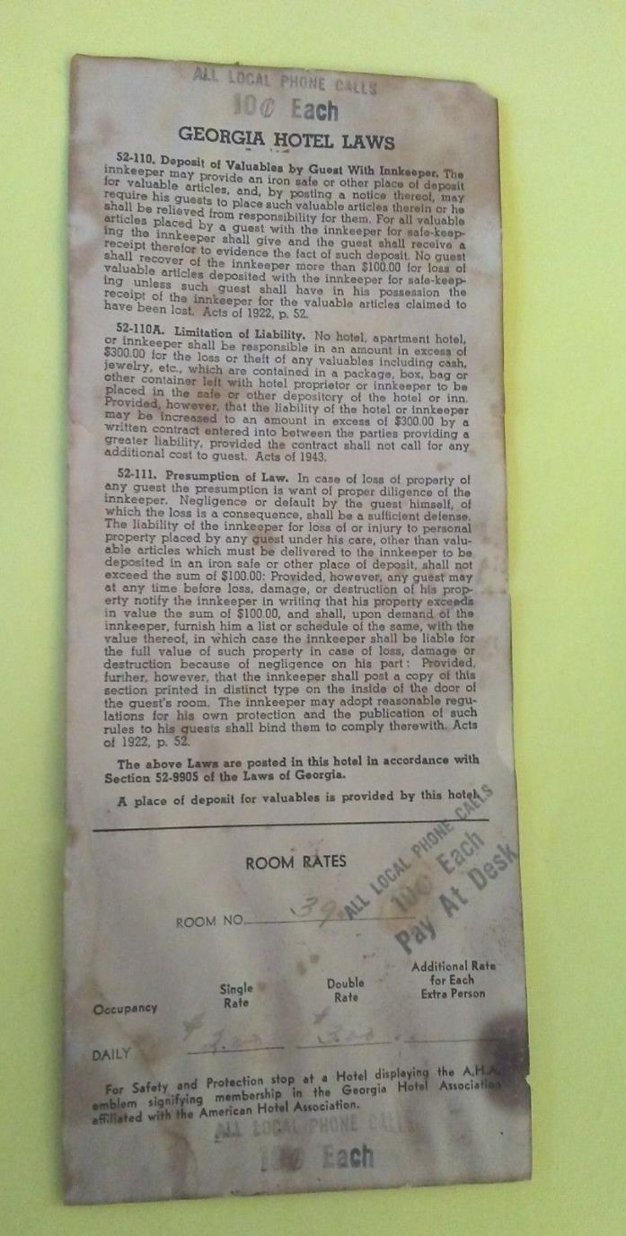 Vintage Georgia Hotel Laws from 1940's was displayed in all hotel rooms in GA