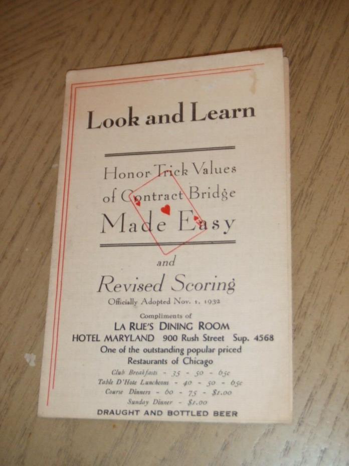 RARE 1930s PROMO Bridge Trick Values Brochure Hotel Maryland La Rue's Chicago IL