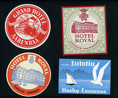 4 Luggage Hotel Labels European Vintage Old Stock Mint Condition (set a