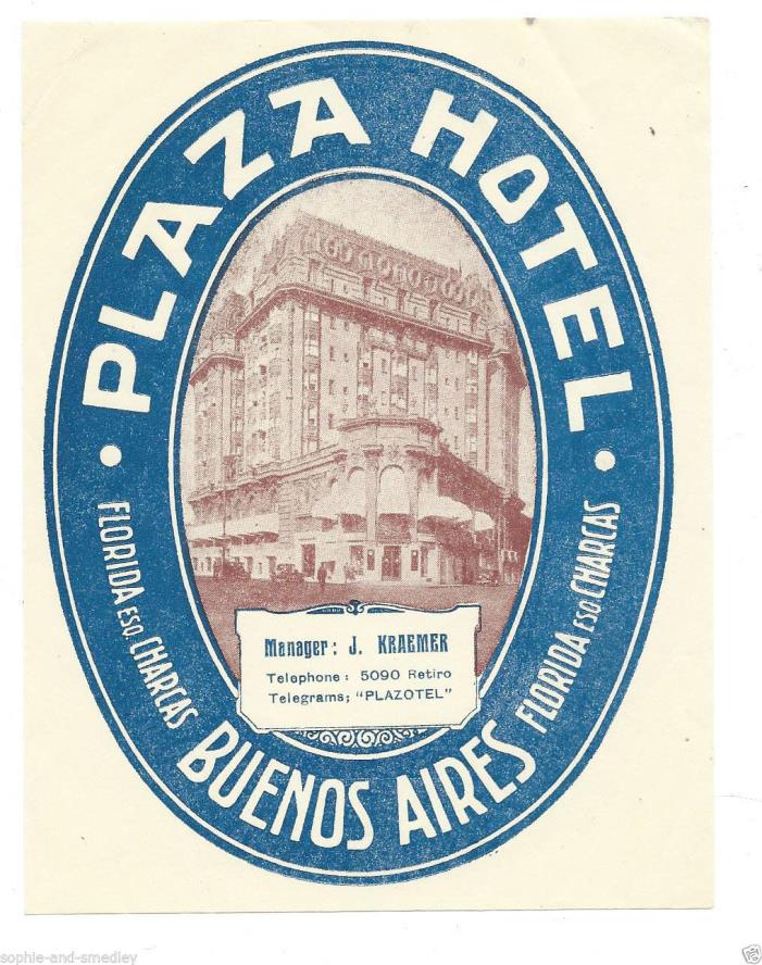 Authentic Vintage Luggage Label ~ Plaza Hotel ~ Buenos Aires, Argentina