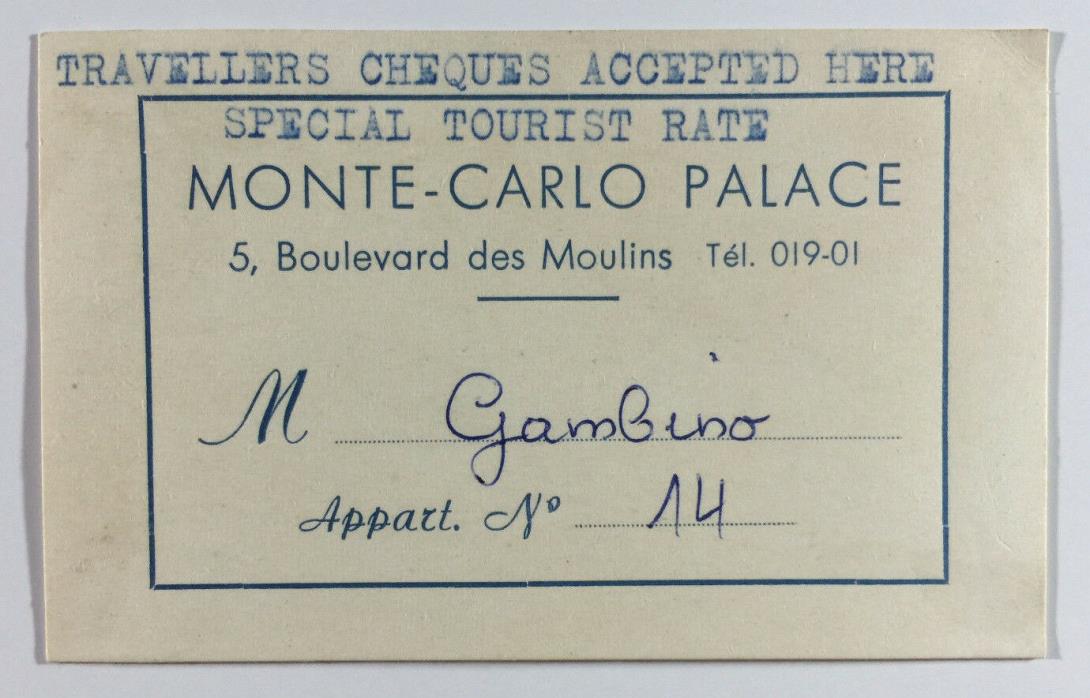 Vintage Hotel Card Monte Carlo Palace Hotel Boulevard des Moulins Monaco