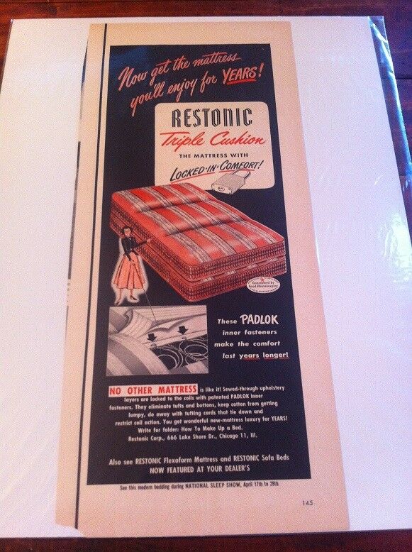Vintage 1950 Restonic Triple Cushion Mattress Locked In Comfort Print Art ad
