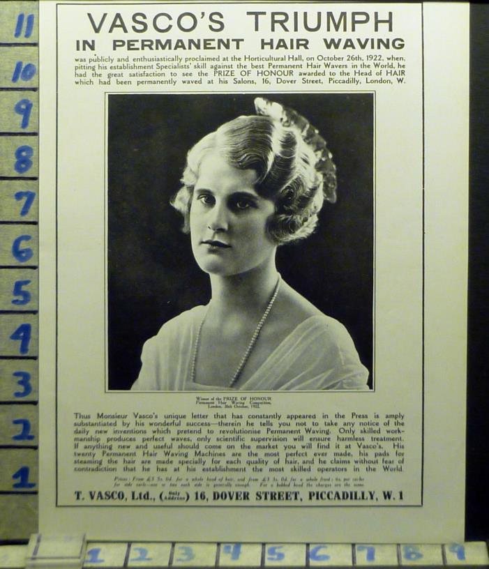 1922 VASCO HAIR WAVE LONDON WOMAN HEALTH BEAUTY DOVER VINTAGE ART AD  BK95