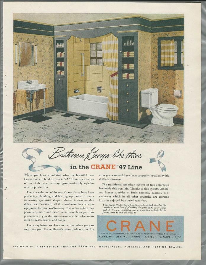 1946 CRANE plumbing advertisement, the New 1947 bathroom styles