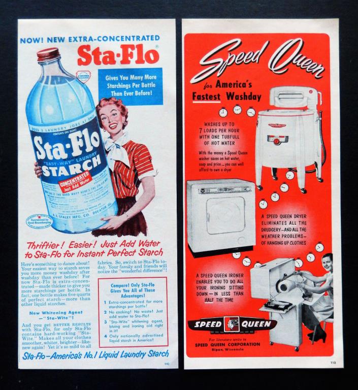 Vtg 1950 Speed Queen washer dryer Sta Flo starch  2 advertisement print ad art
