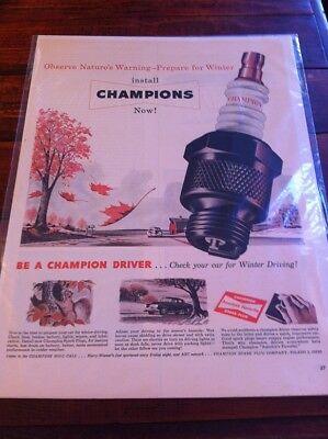 Vintage 1950 Champion Spark Plugs Nature's Warning Fall Leaves Print Art ad