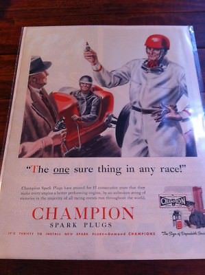 Vintage 1939 Champion Spark Plugs The One Sure Thing In Any Race Print Art ad