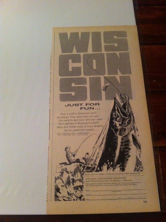 Vintage 1958 Wisconsin Conservation Department Fish Wisconsin Just For Fun ad