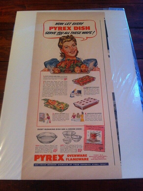 Vintage 1942 Pyrex Baking Dishes Serves You All These Ways Print Art ad