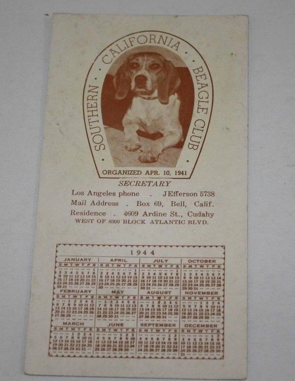 Vintage 1944 Advertising Ink Blotter Southern California Beagle Club