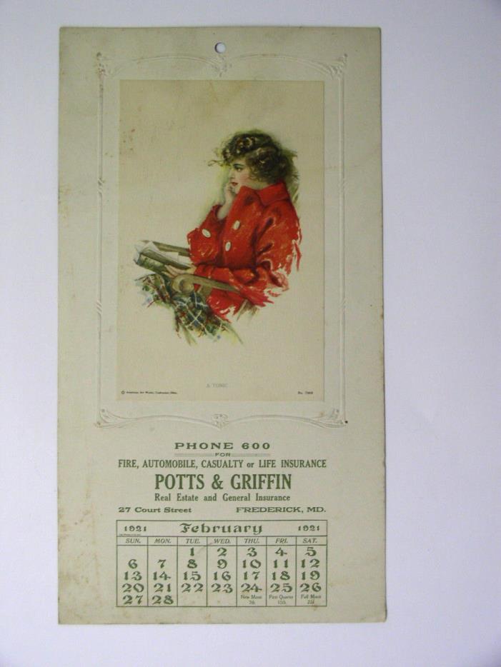 1921 Potts & Griffin Real Estate/Insurance Frederick Md Advertising Calendar