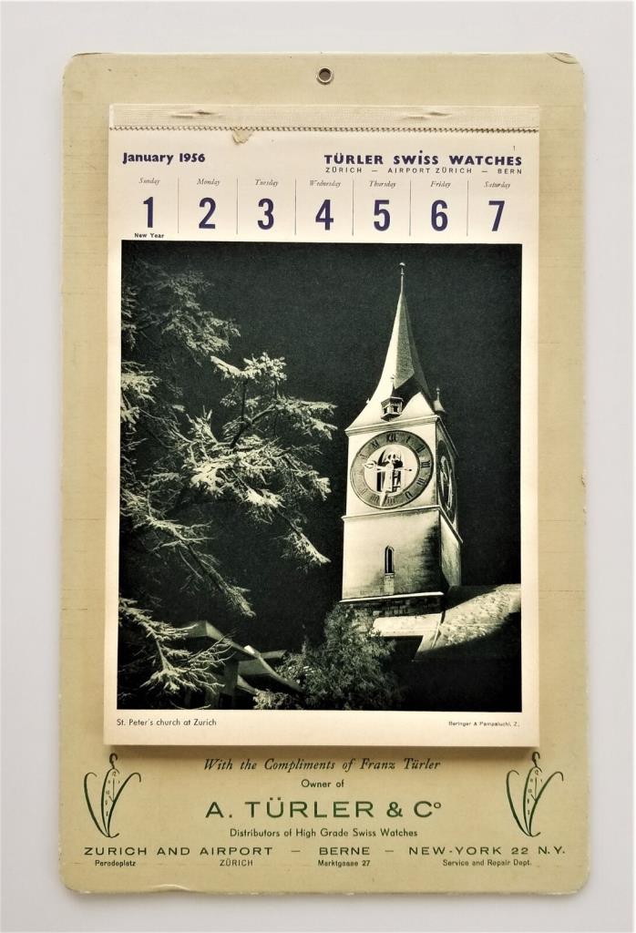1956 vintage TURLER SWISS WATCHES CALENDAR ad photo print pages europe