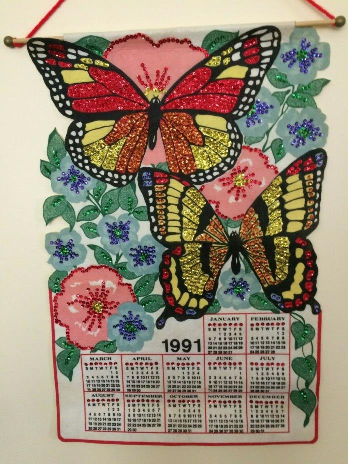 VINTAGE 1991 SEQUINED FELT CALENDAR WITH BUTTERFLIES AND FLOWERS