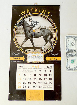 1942 Art Deco DOUBLE CALL Race Horse J.R. WATKINS Medicine Antique vtg CALENDAR