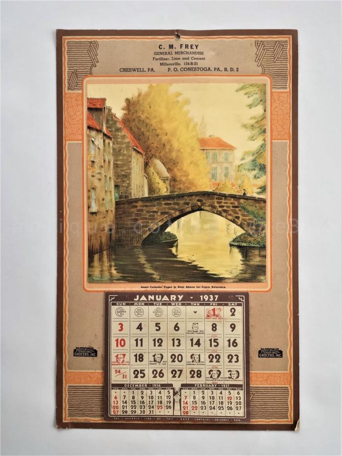 1937 antique FREY millersville pa AD CALENDAR gen merch NATL RETAILER OWN GROCER