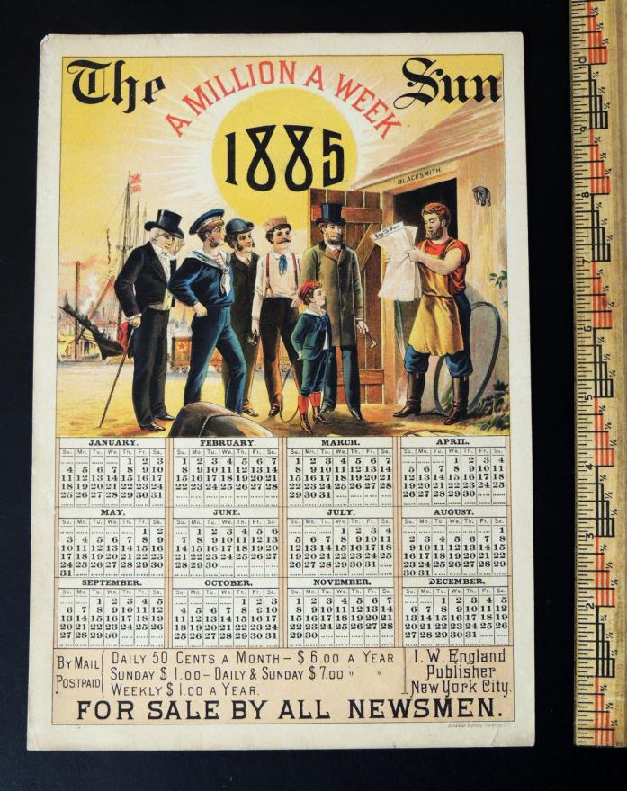 1885 vtg Antique THE SUN New York Newspaper Advertising CALENDAR Blacksmith NYC