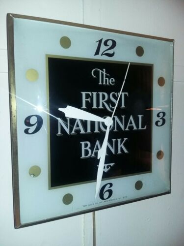ORIGINAL 1958  PAM CLOCK CO LIGHTED ADVERTISING CLOCK! THE FIRST NATIONAL BANK!
