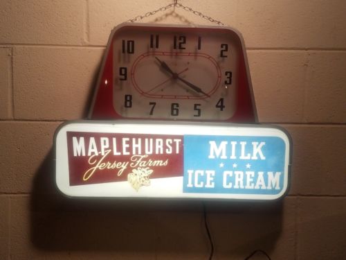 Rare 1950 Art Deco Advertising Clock ~ Maplehurst Jersey Farms ~ Milk & Ice...