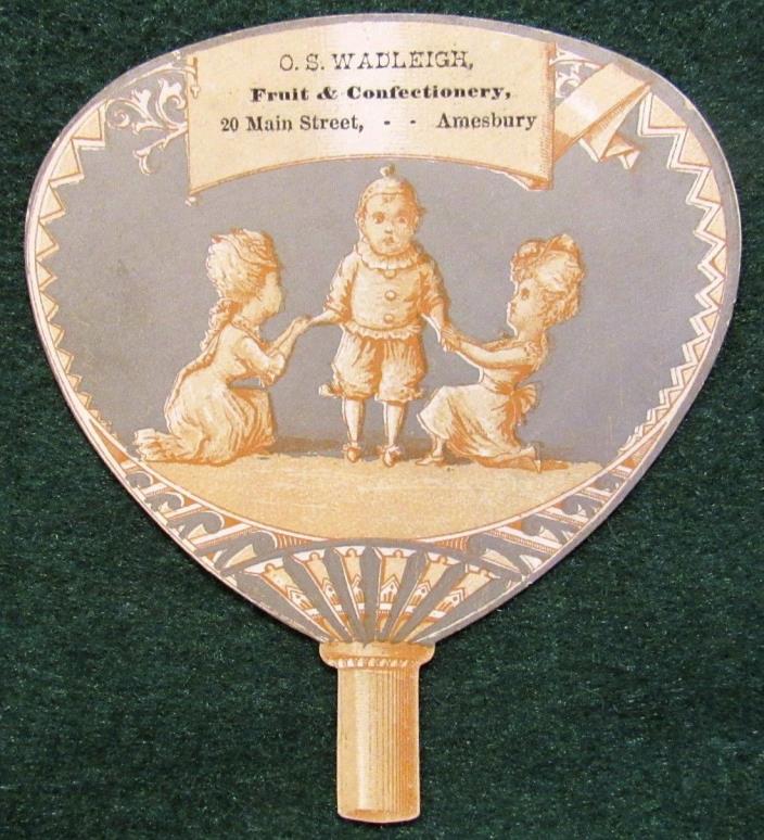 Vtg Miniature Advertising Fan ~ O.S. Wadleigh, Fruit & Confectionery ~ Amesbury