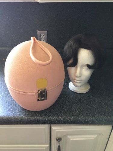 Vintage Collectable  Dome shapedPINK Wig Travel Case And Wig With Styrofoam Head