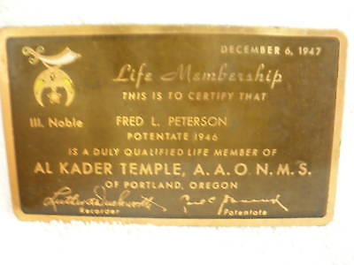BJ- FRED  PETERSON AL KADER TEMPLE LIFE MEMBERSHIP 1947