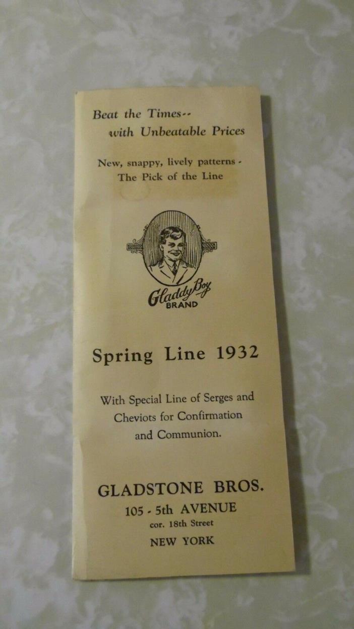 1932 Advertising SALESMAN SAMPLE Gladstone Bros 5th Ave NY WOOL SUIT FABRICS!