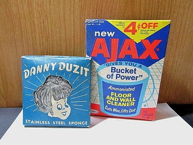 CLEANING VINTAGE ADVERTISING ITEMS AJAX SEALED & DANNY DUZIT STAINLESS STEEL