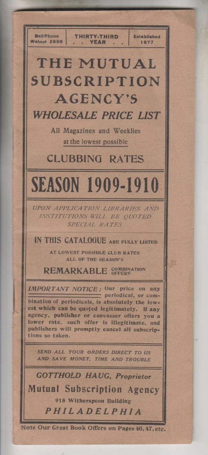 1909 BOOKLET - THE MUTUAL SUBSCRIPTION AGENCY'S WHOLESALE PRICE LIST