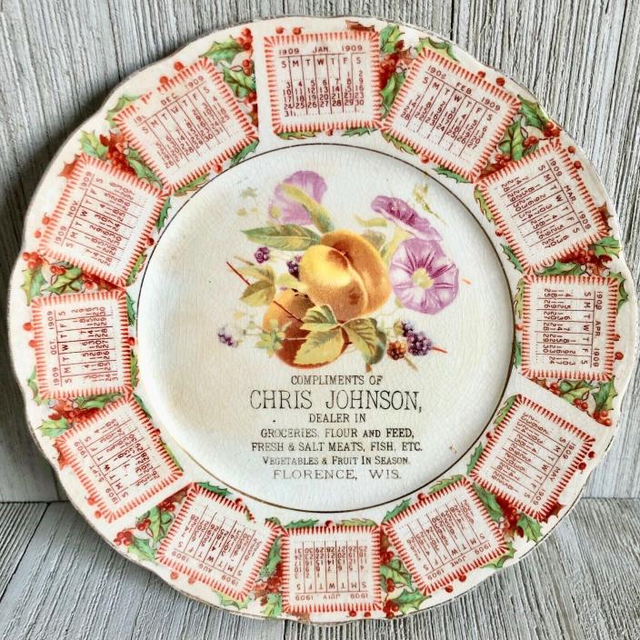 Antique Wisconsin Calendar Plate 1909 Florence WI Johnson Grocery Christmas
