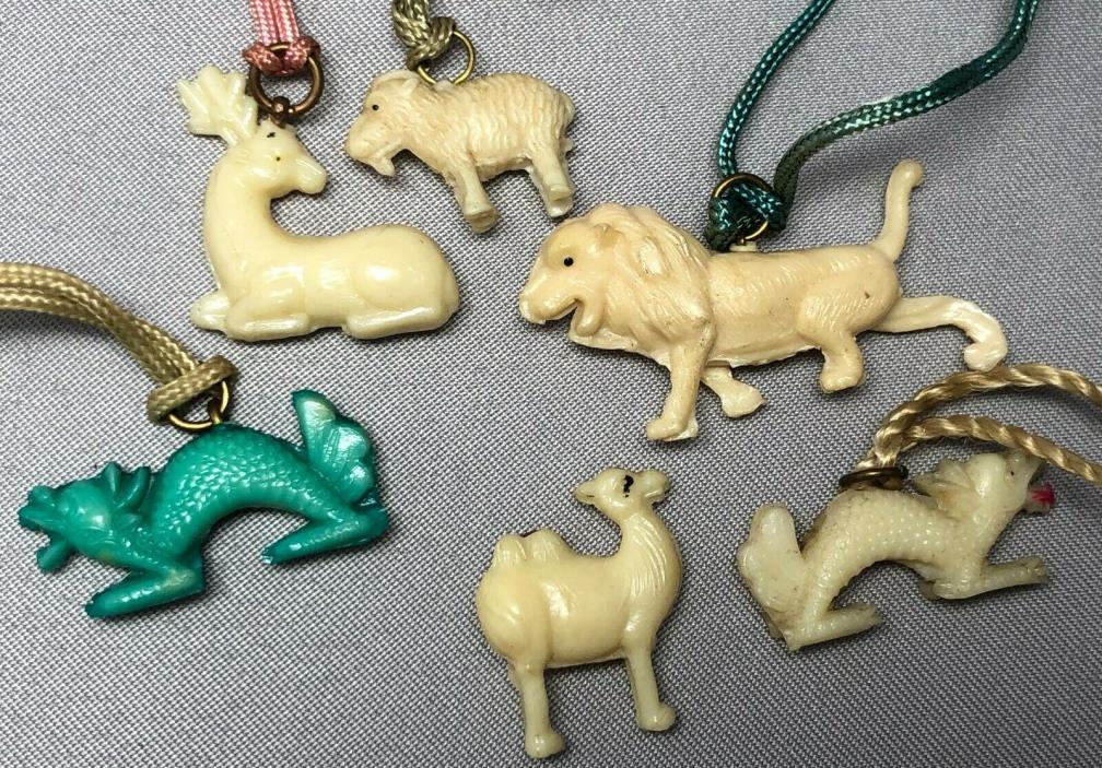 6 1940s LION Goat DRAGON Deer CAMEL Charm CRACKER JACK Prize Toy Premium Vintage