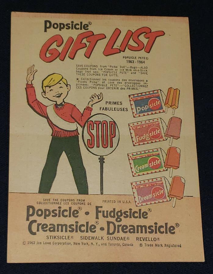 1963-1964 POPSICLE 8 PAGES GIFT LIST - FRENCH / ENGLISH - JOE LOWE CO - ORIGINAL