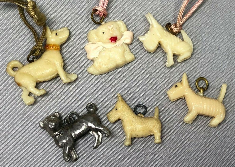 6 1940s Scottie DOG Scottish Terrier Charm CRACKER JACK Prize Toy Vintage Lot