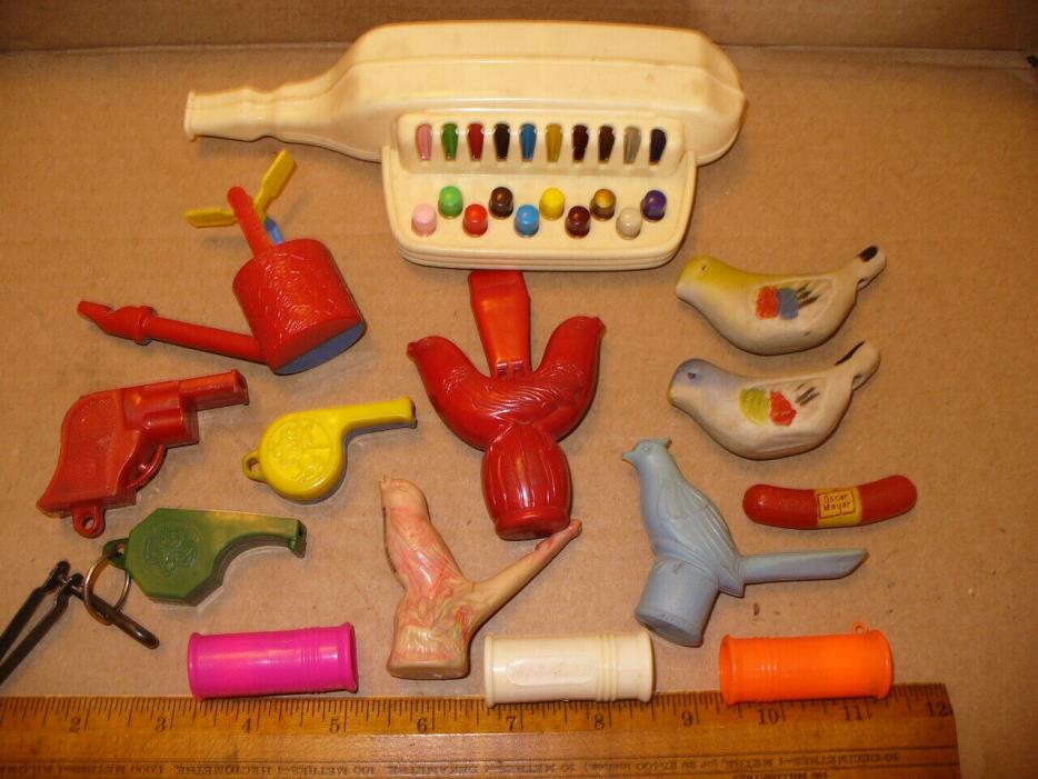 Vintage 15 Whistles Noise Makers Keymonica Birds Ranger Girl Scout 3 My T Sirens