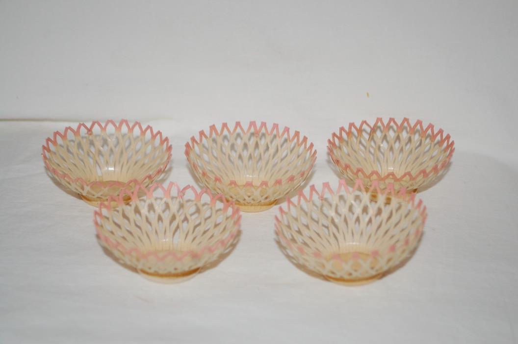 Vintage Lot 5 RARE Plastic Party Nut Cup Baskets Pink & Cream Celluloid? 40s 50s
