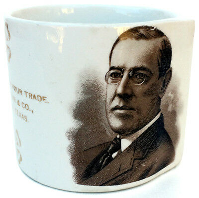 1910s Woodrow Wilson Ceramic Match Holder w/ Giddings Texas Merchant Advertising