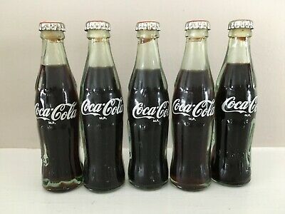 Vintage Mini Coke Coca Cola Bottle Lot 5 Glass 3 inch Filled Metal Top EXCELLENT