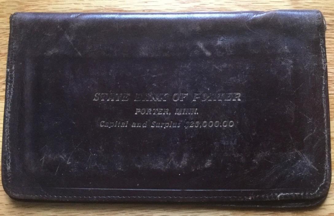 Old Antique Leather Wallet Checkbook STATE BANK of PORTER - Porter, Minn (MN)