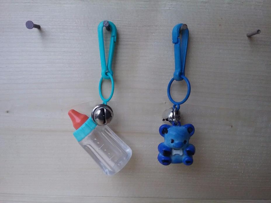 VINTAGE PLASTIC BELL CLIP CHARM 1980s Blue Teddy bear and  Blue Baby Bottle