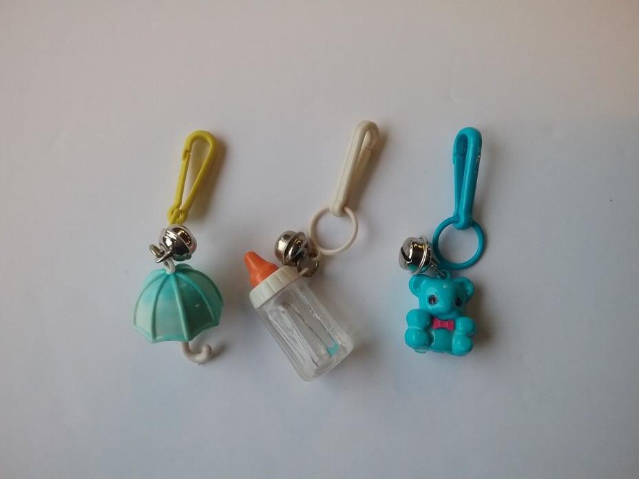Vintage Plastic Bell Clip Charm Baby bottle  - Teddy Bear -  Umbrella - 1980's