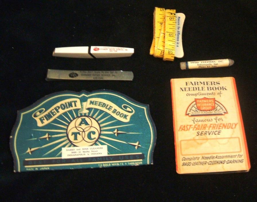 6 Vintage Indianapolis Indiana Advertising Sewing Items Needles Tape Measure