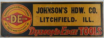 DIAMOND EDGE TOOLS EMBOSSED TIN SIGN-JOHNSON'S HARDWARE LITCHFIELD ILL.