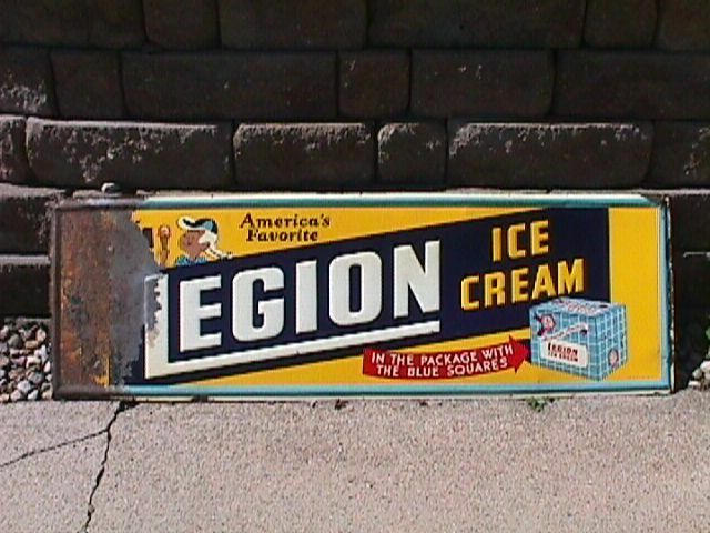 ORIGINAL Vintage LEGION Ice CREAM 54x18 ins. Colorful TIN Advertising SIGN As Is