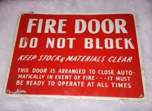 Original Old FIRE DOOR DO NOT BLOCK Embossed Tin Metal Sign antique