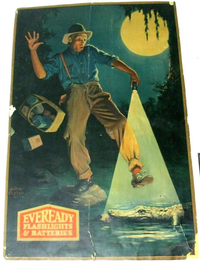 Vintage 1930s EverReady Flashlights & Batteries Poster Sign black man alligator