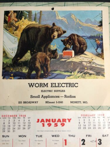 Worm Electric Monett Mo Missouri 1959 Calendar Sign Fishing & Bears Art